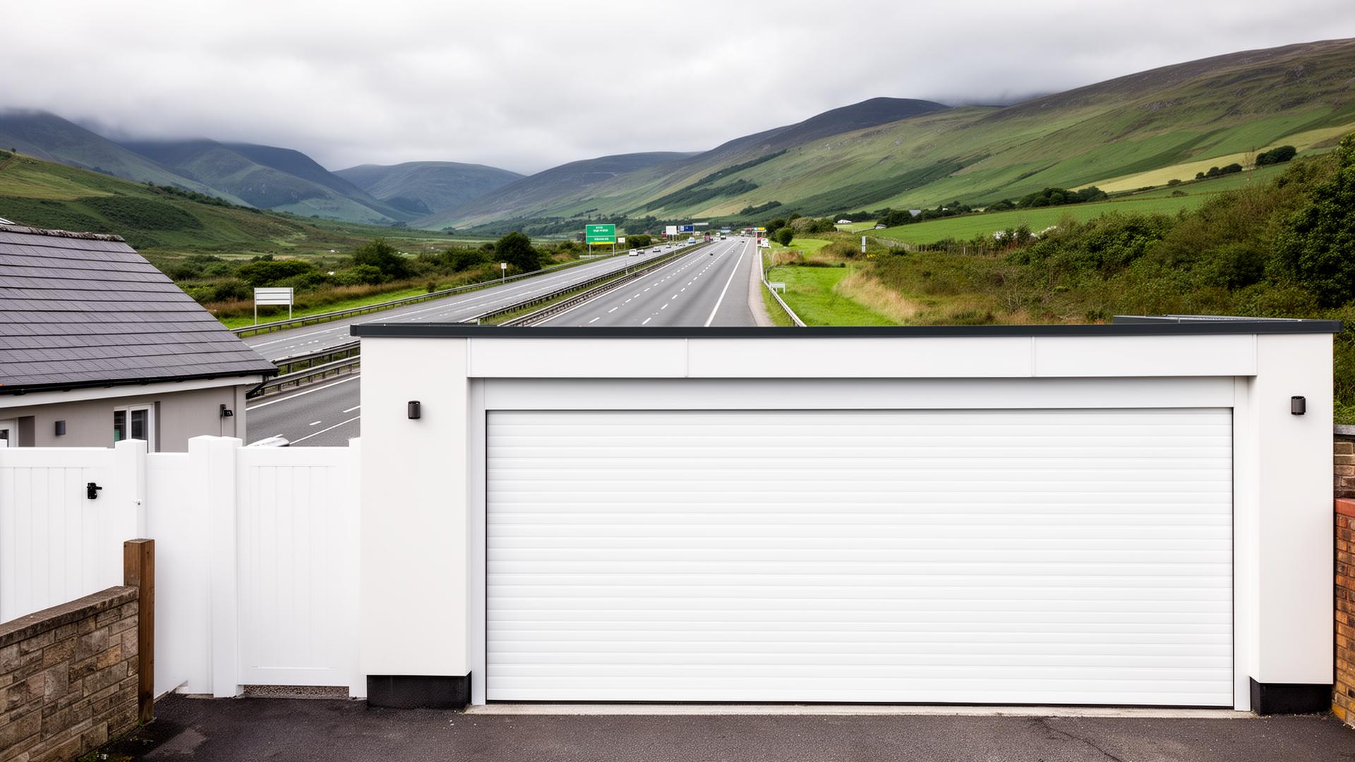 Roller garage door with A55 North Wales landscape